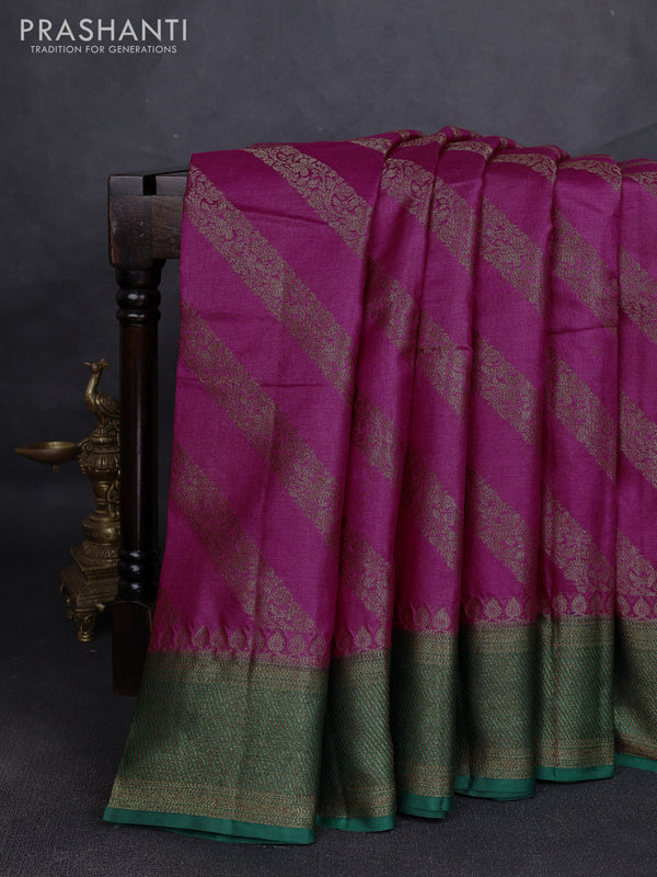Banarasi tussar silk saree magenta pink and green with allover thread & zari leheriya weaves and woven border