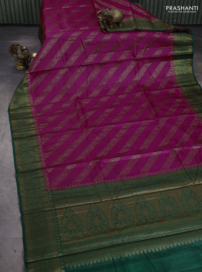 Banarasi tussar silk saree magenta pink and green with allover thread & zari leheriya weaves and woven border