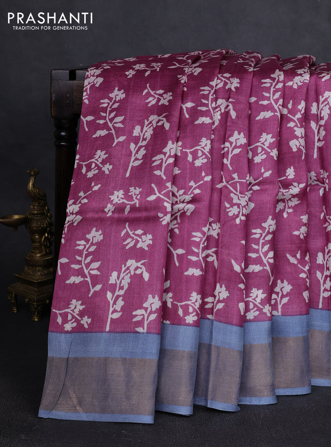Pure tussar silk saree wine shade and greyish blue with allover prints and zari woven border