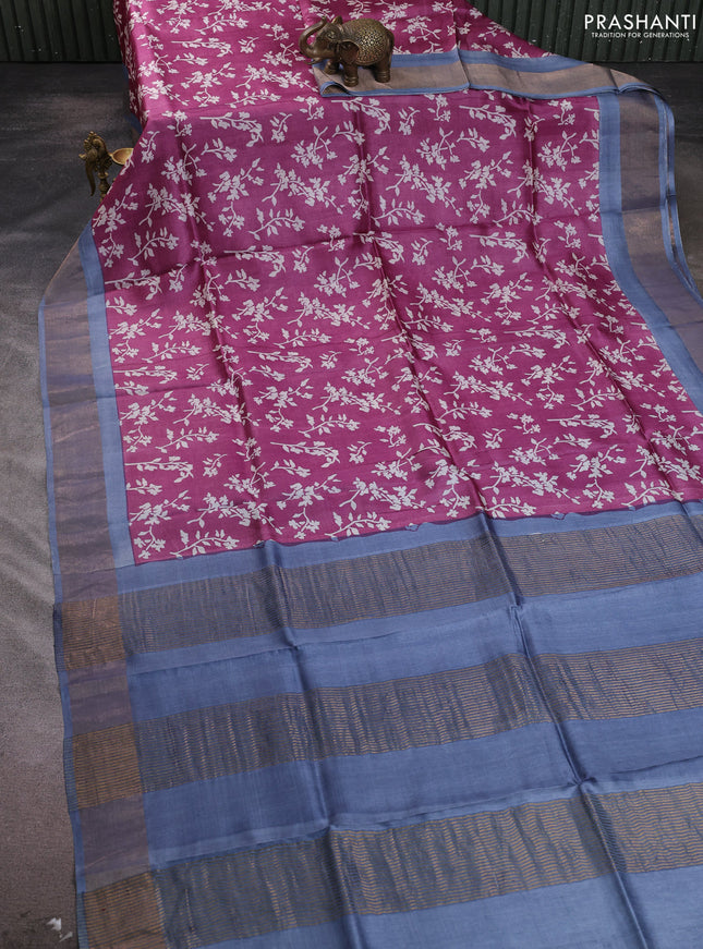 Pure tussar silk saree wine shade and greyish blue with allover prints and zari woven border