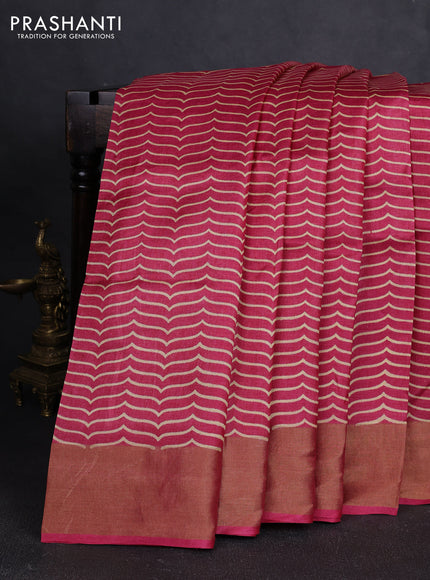Pure tussar silk saree pink with allover prints and zari woven border