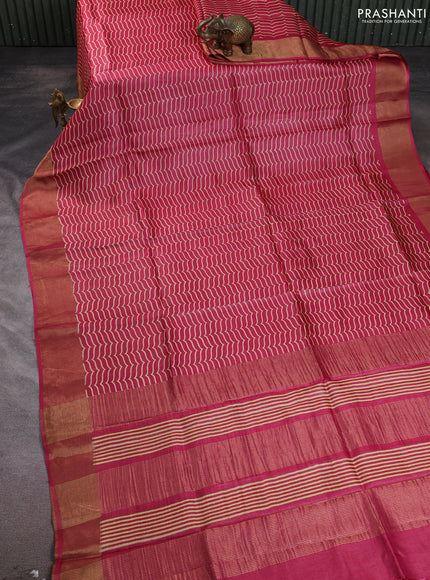 Pure tussar silk saree pink with allover prints and zari woven border