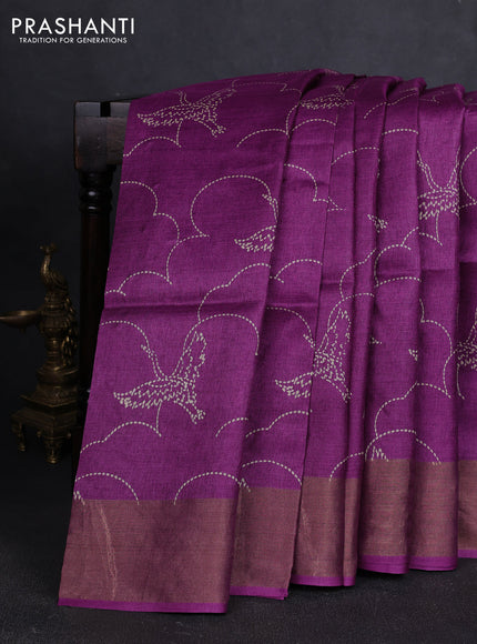 Pure tussar silk saree purple with allover prints and zari woven border