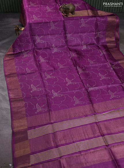 Pure tussar silk saree purple with allover prints and zari woven border