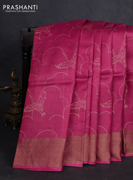 Pure tussar silk saree peach pink with allover prints and zari woven border