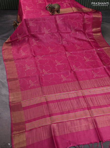 Pure tussar silk saree peach pink with allover prints and zari woven border