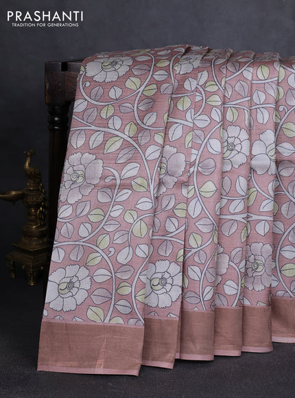 Pure tussar silk saree pastel peach with allover kalamkari prints and zari woven border