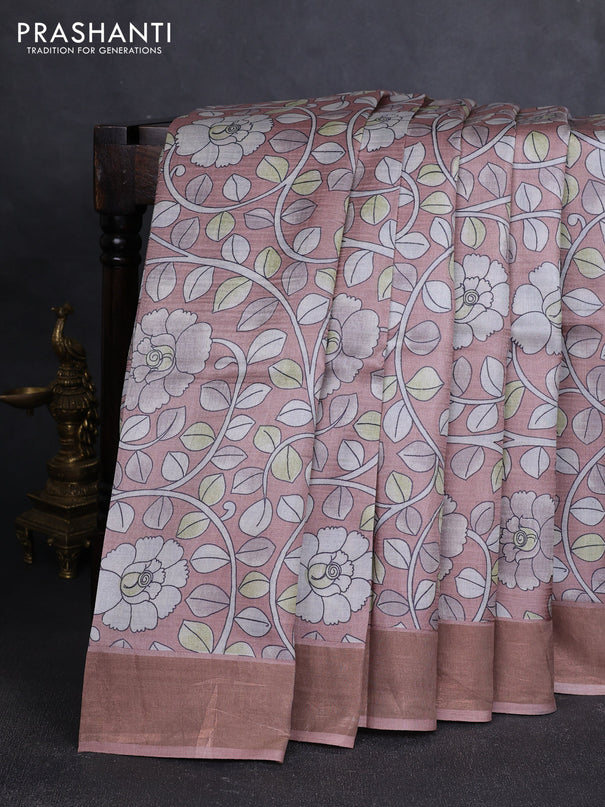 Pure tussar silk saree pastel peach with allover kalamkari prints and zari woven border