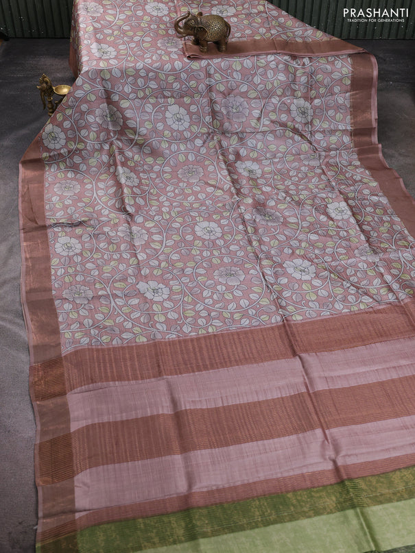 Pure tussar silk saree pastel peach with allover kalamkari prints and zari woven border