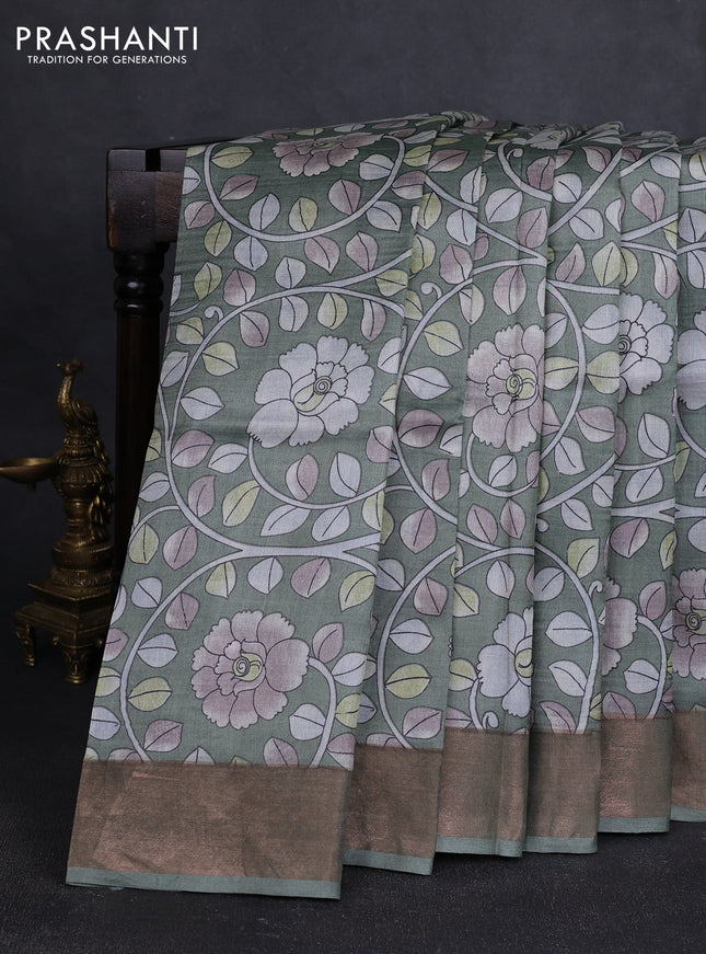 Pure tussar silk saree pastel green with allover kalamkari prints and zari woven border