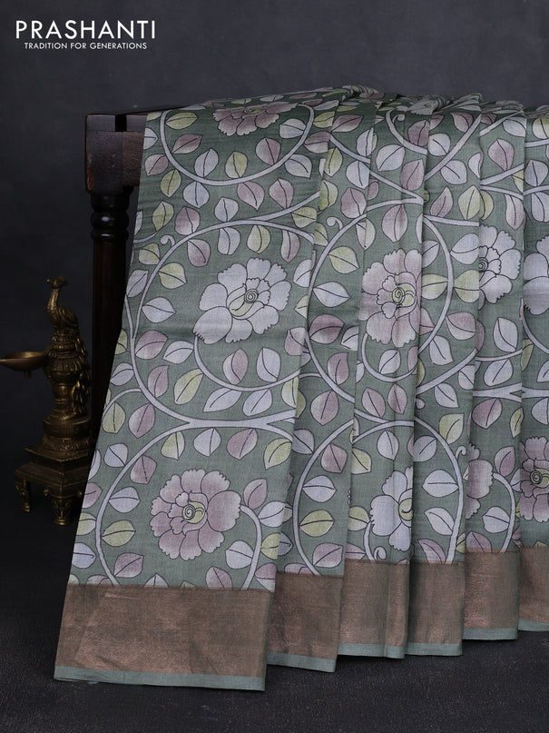 Pure tussar silk saree pastel green with allover kalamkari prints and zari woven border