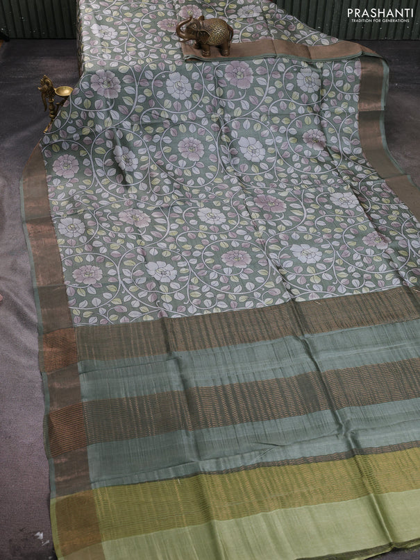Pure tussar silk saree pastel green with allover kalamkari prints and zari woven border