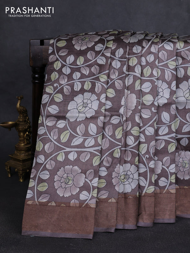 Pure tussar silk saree brown with allover kalamkari prints and zari woven border