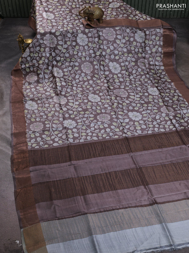 Pure tussar silk saree brown with allover kalamkari prints and zari woven border