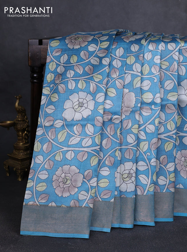 Pure tussar silk saree pastel blue with allover kalamkari prints and zari woven border