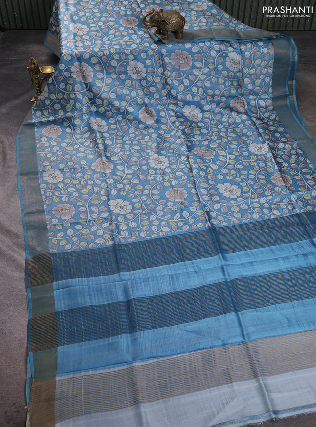 Pure tussar silk saree pastel blue with allover kalamkari prints and zari woven border
