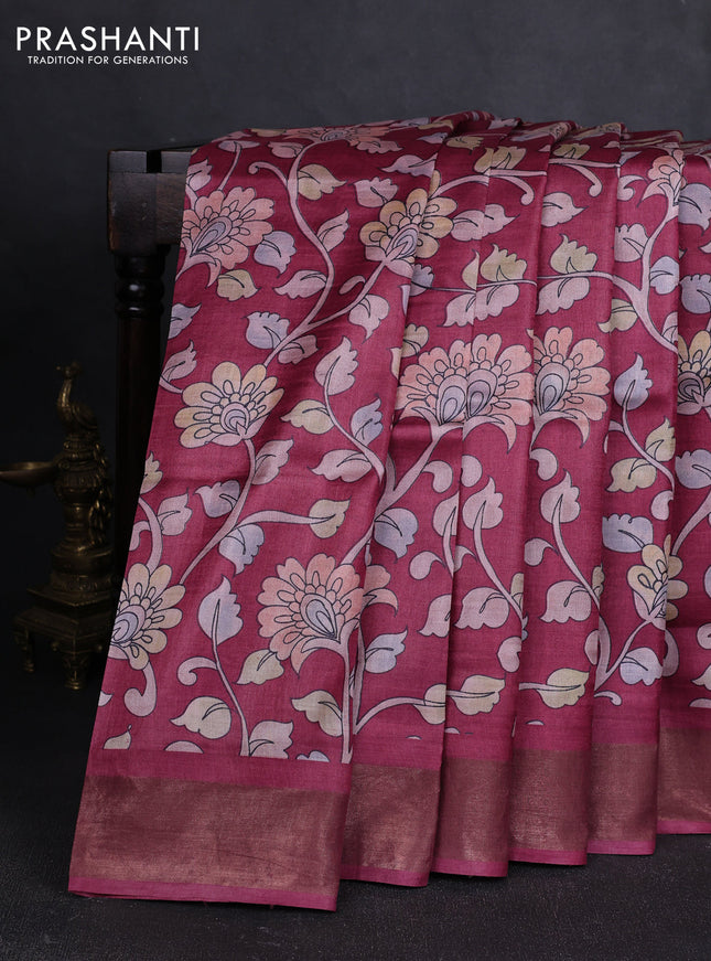Pure tussar silk saree maroon with allover kalamkari prints and zari woven border