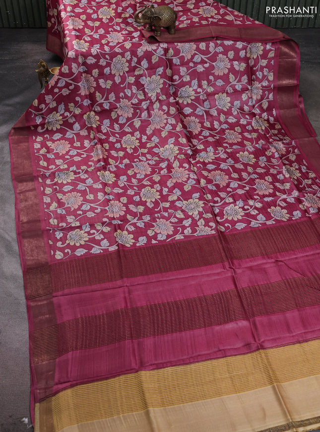 Pure tussar silk saree maroon with allover kalamkari prints and zari woven border