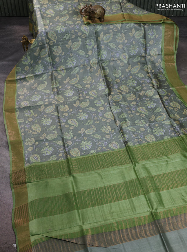 Pure tussar silk saree pastel green and light green with allover kalamkari prints and zari woven border