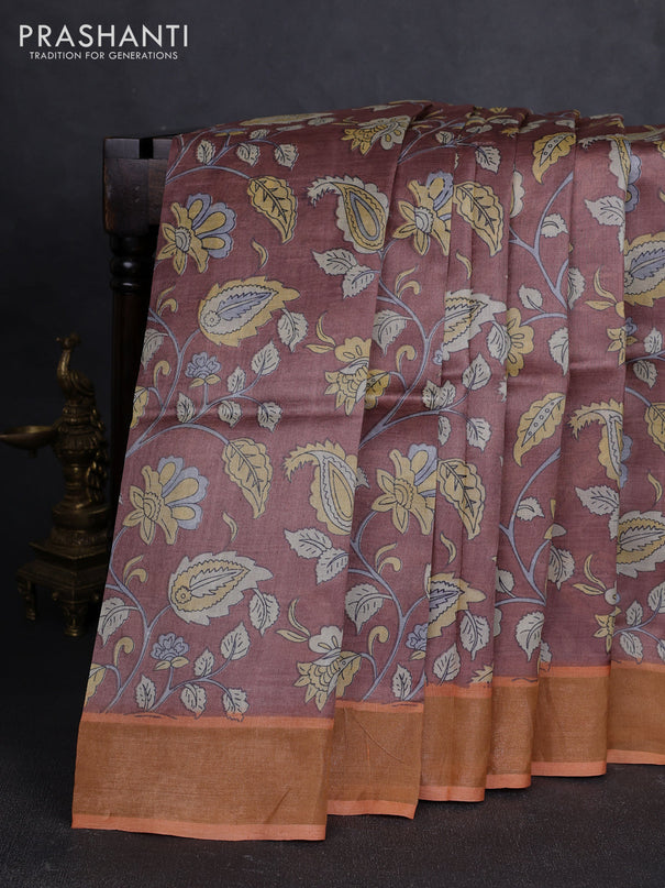 Pure tussar silk saree pastel brown and orange with allover kalamkari prints and zari woven border