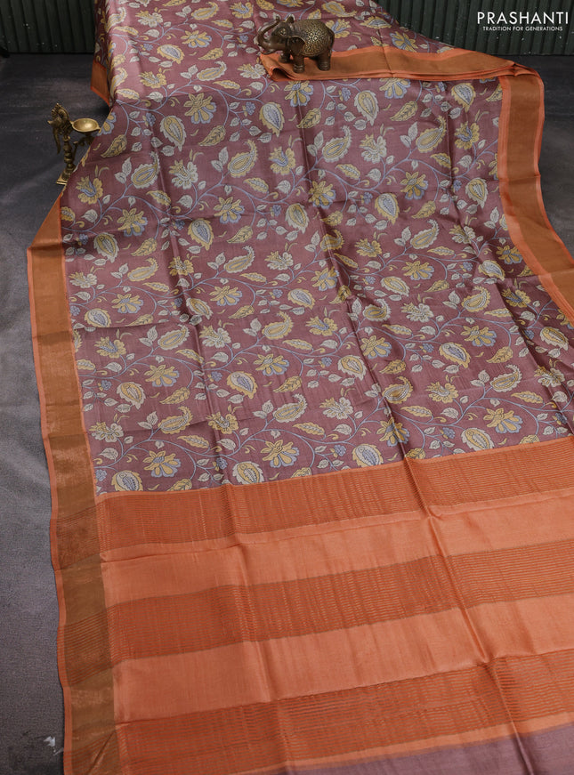 Pure tussar silk saree pastel brown and orange with allover kalamkari prints and zari woven border