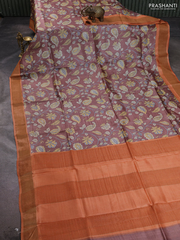 Pure tussar silk saree pastel brown and orange with allover kalamkari prints and zari woven border