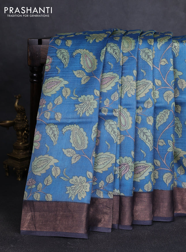 Pure tussar silk saree blue and elephant grey with allover kalamkari prints and zari woven border