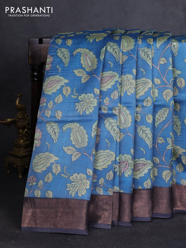 Pure tussar silk saree blue and elephant grey with allover kalamkari prints and zari woven border