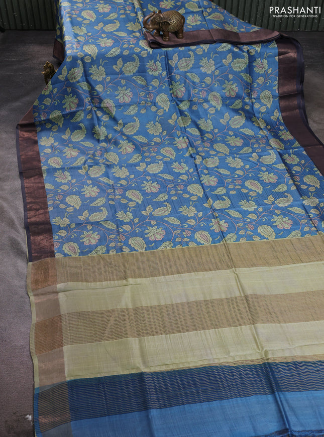 Pure tussar silk saree blue and elephant grey with allover kalamkari prints and zari woven border