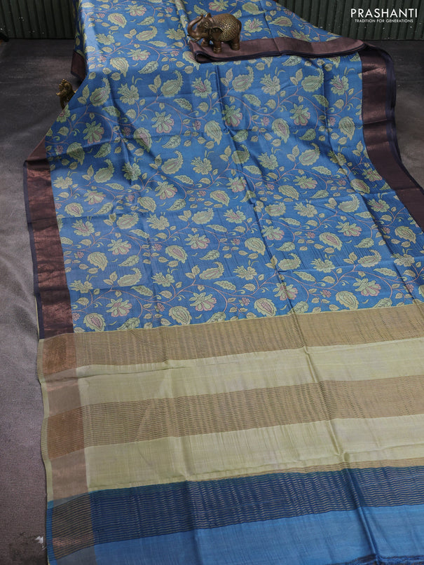 Pure tussar silk saree blue and elephant grey with allover kalamkari prints and zari woven border