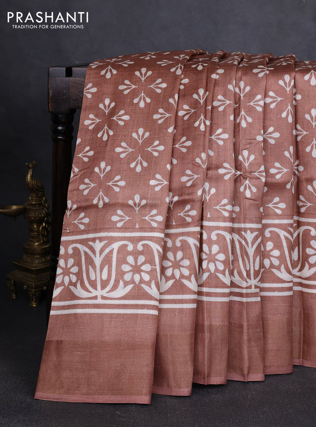 Pure tussar silk saree pastel brown with allover butta prints and zari woven border