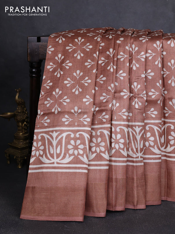 Pure tussar silk saree pastel brown with allover butta prints and zari woven border