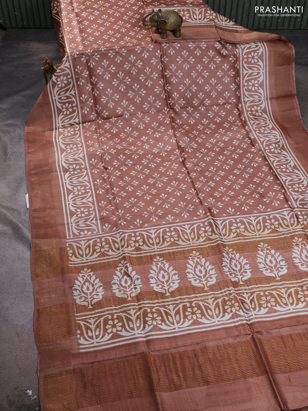 Pure tussar silk saree pastel brown with allover butta prints and zari woven border