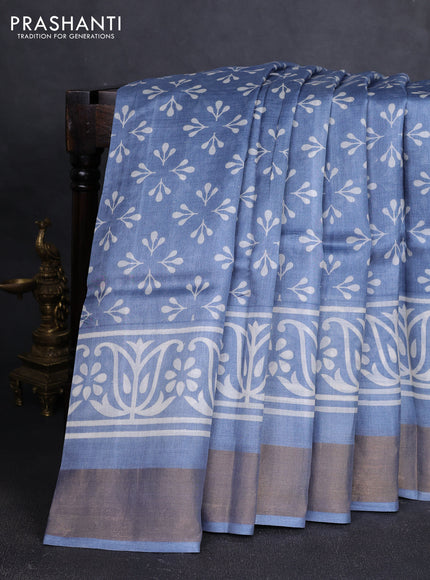 Pure tussar silk saree grey with allover butta prints and zari woven border