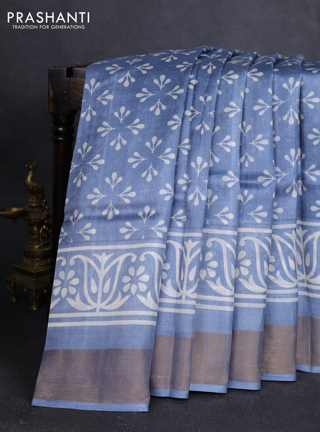 Pure tussar silk saree grey with allover butta prints and zari woven border