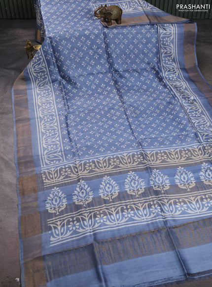 Pure tussar silk saree grey with allover butta prints and zari woven border