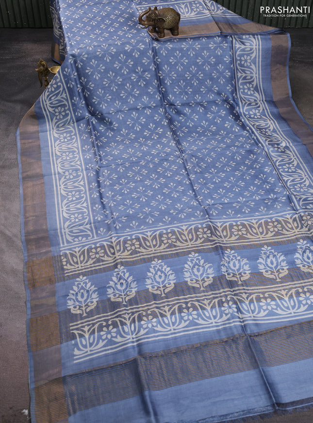Pure tussar silk saree grey with allover butta prints and zari woven border