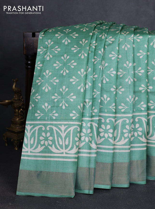 Pure tussar silk saree pastel green with allover butta prints and zari woven border
