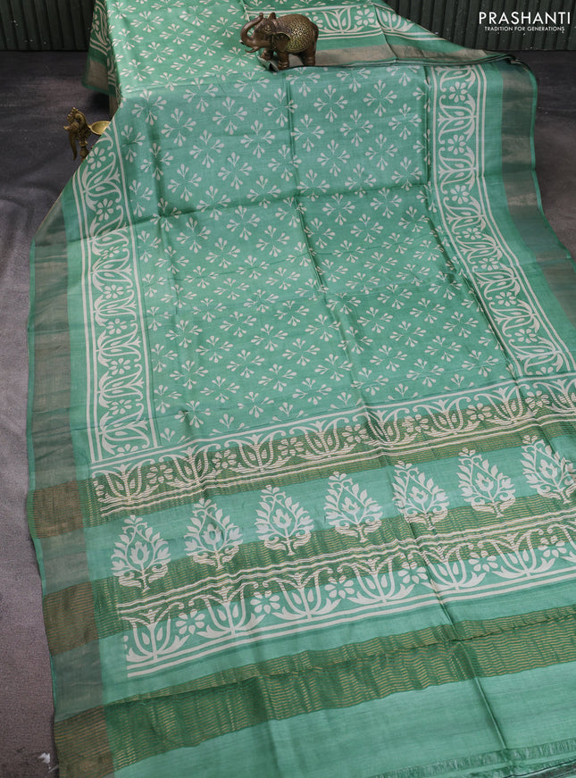 Pure tussar silk saree pastel green with allover butta prints and zari woven border
