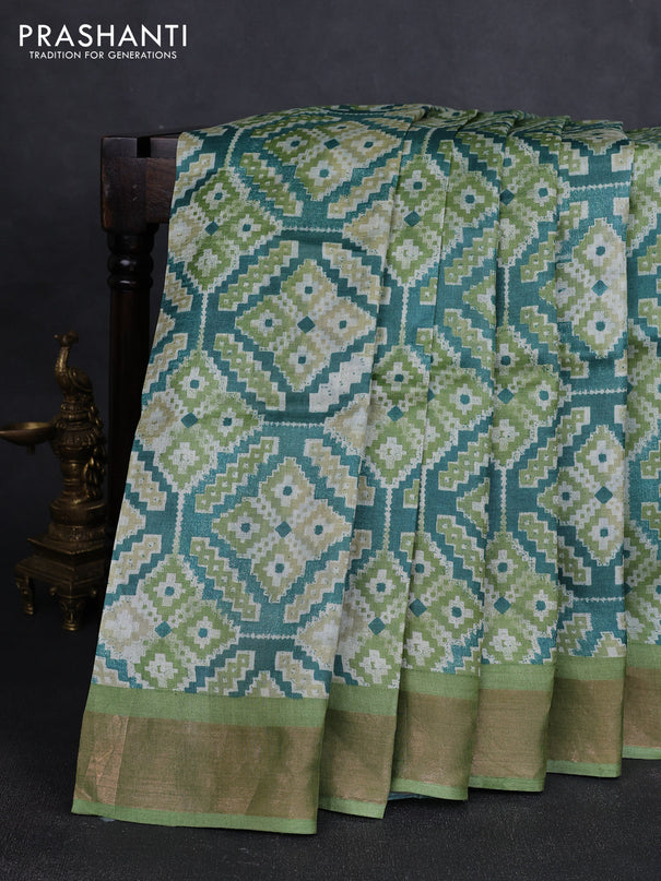 Pure tussar silk saree teal green and light green with allover geometric prints and zari woven border