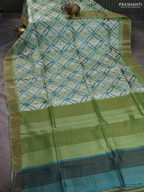 Pure tussar silk saree teal green and light green with allover geometric prints and zari woven border