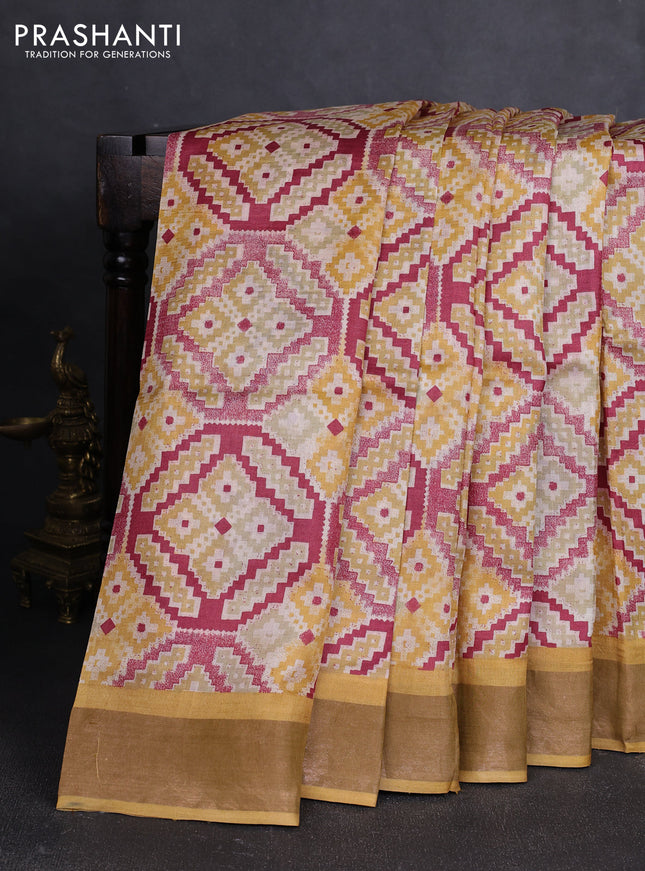 Pure tussar silk saree maroon and mustard yellow with allover geometric prints and zari woven border