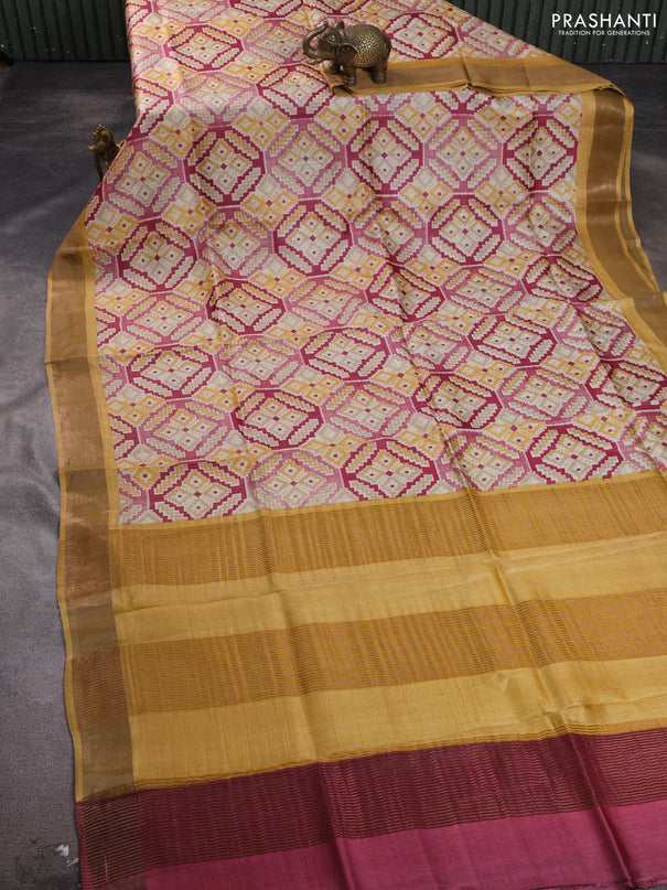 Pure tussar silk saree maroon and mustard yellow with allover geometric prints and zari woven border