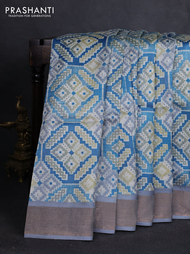 Pure tussar silk saree blue and grey with allover geometric prints and zari woven border