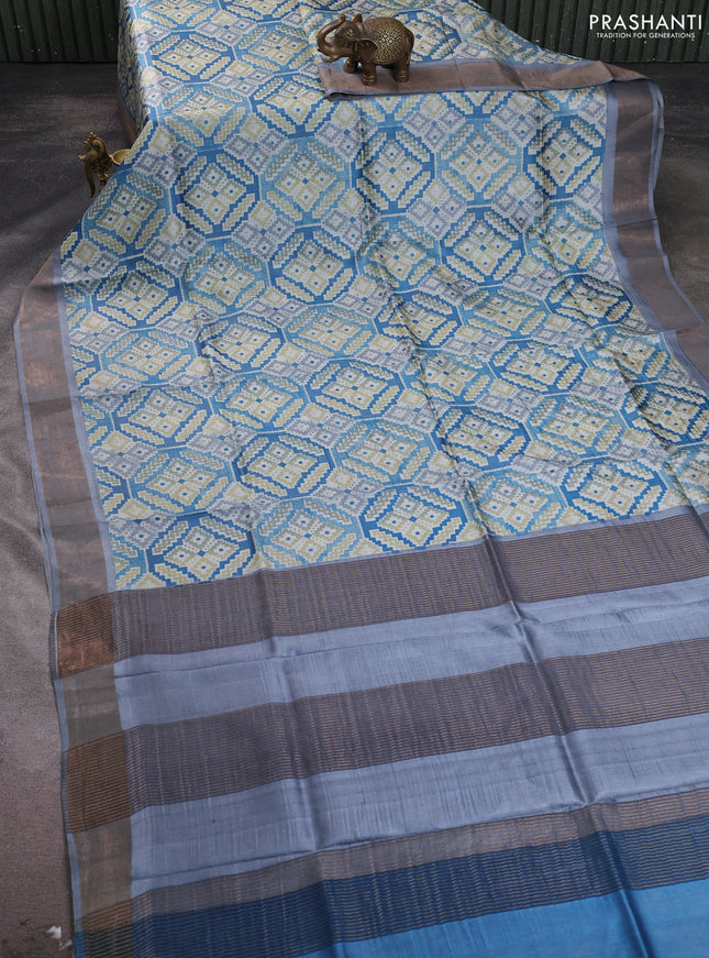 Pure tussar silk saree blue and grey with allover geometric prints and zari woven border