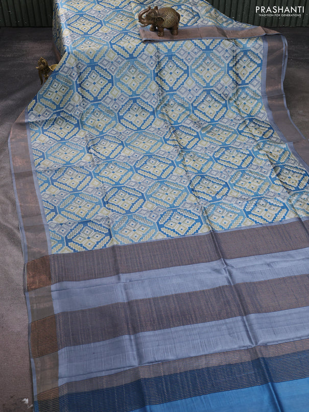 Pure tussar silk saree blue and grey with allover geometric prints and zari woven border