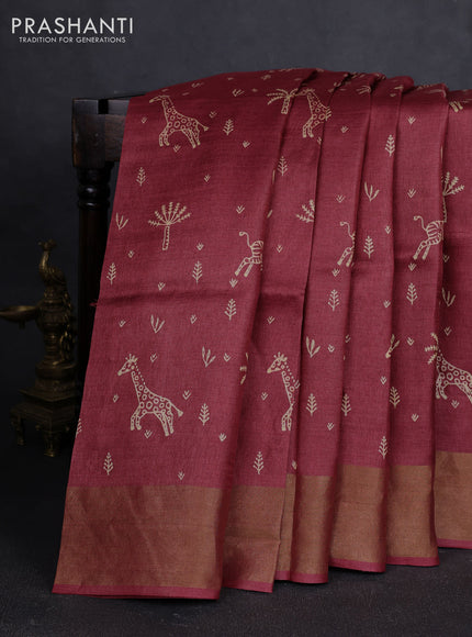 Pure tussar silk saree maroon with allover prints and zari woven border