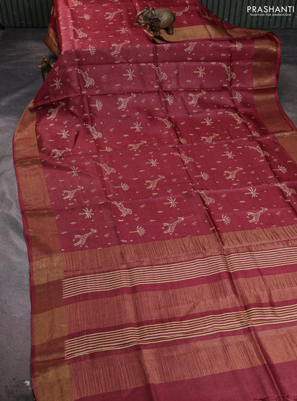 Pure tussar silk saree maroon with allover prints and zari woven border