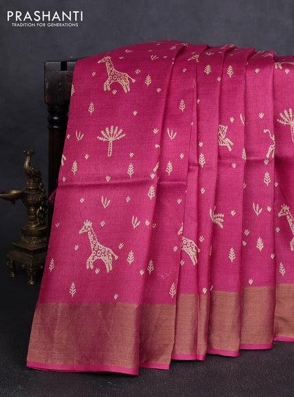 Pure tussar silk saree pink with allover prints and zari woven border