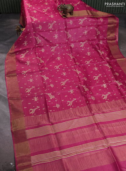 Pure tussar silk saree pink with allover prints and zari woven border